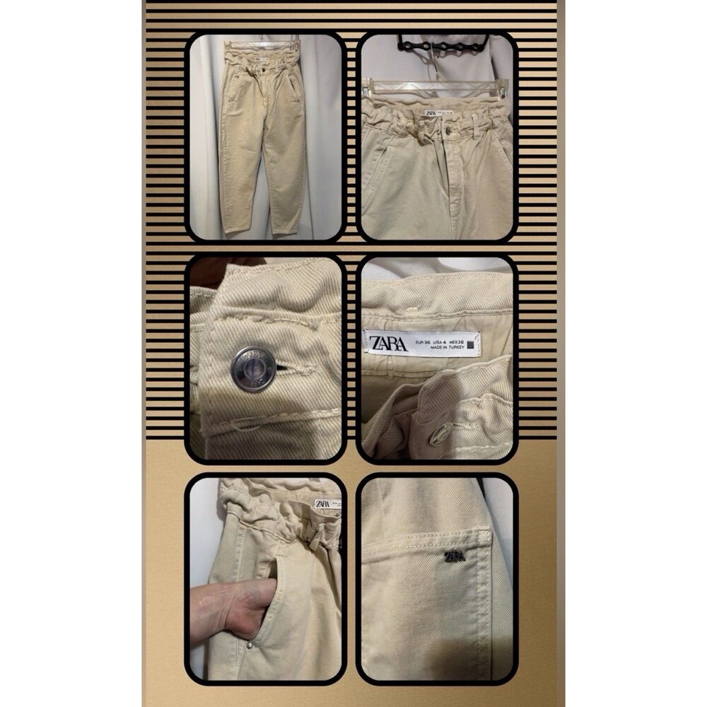 Zara Women’s Beige Paperbag High Rise Pleated Tapered Twill Pants Pockets